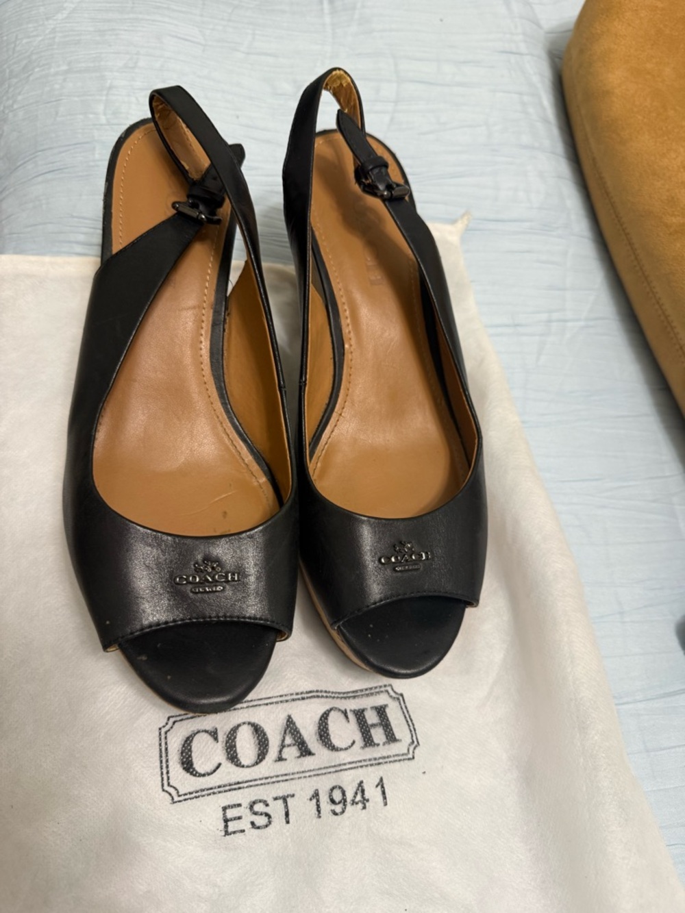 Coach Black Leather Slingback Peep-Toe Heels
